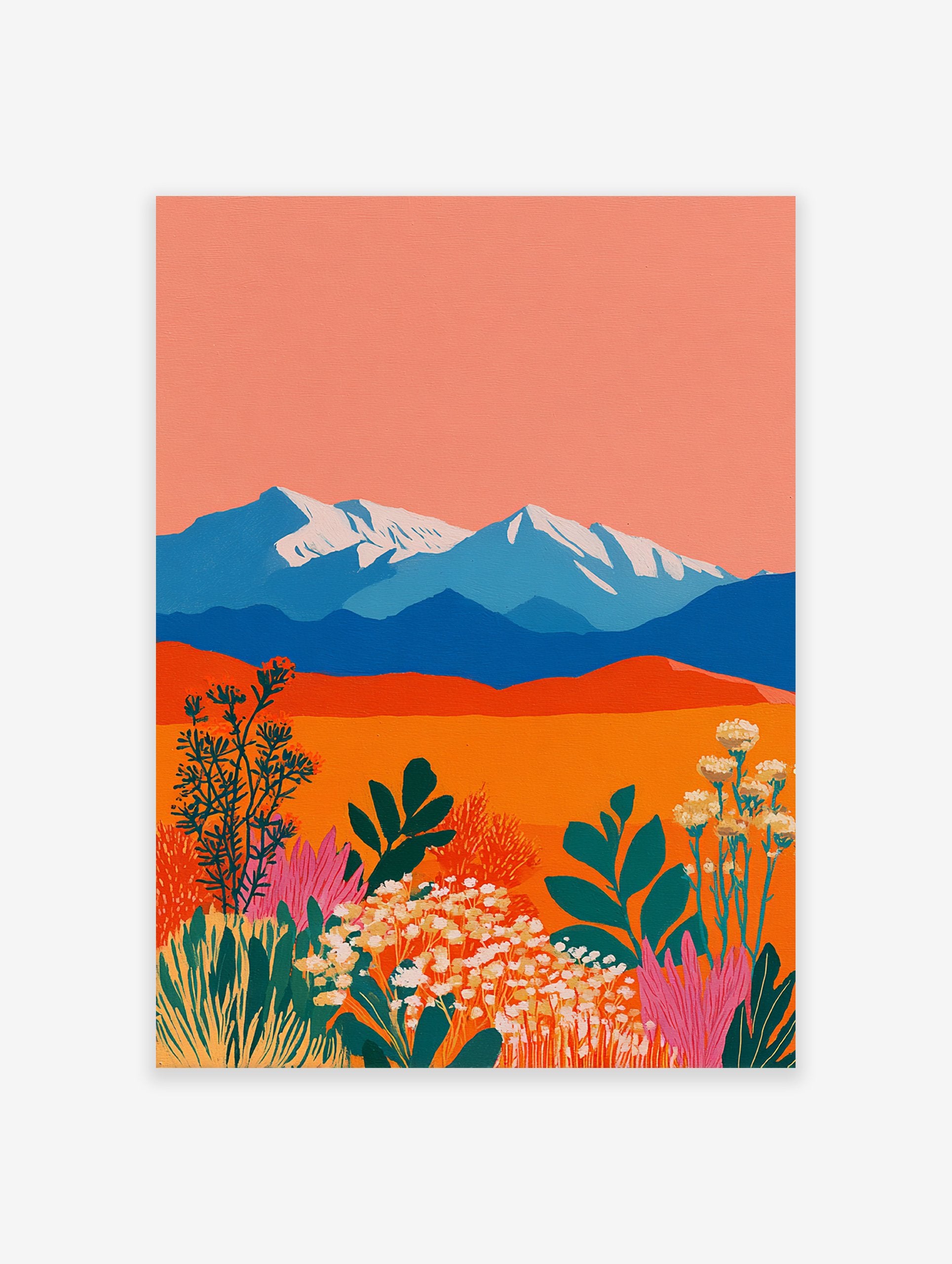 Colorful landscape wall art showing blue mountains with snow, an orange desert, and vibrant pink, green, and white flowers in foreground.