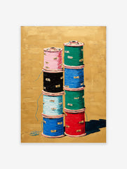 Vibrant thread spool wall art painting: two stacks of colorful spools (pink, black, blue, green, red) on a textured gold background.