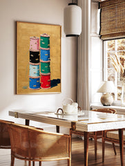 Vibrant thread spool wall art painting: two stacks of colorful spools (pink, black, blue, green, red) on a textured gold background. - Image 2