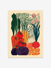 Colorful vegetable poster illustration featuring carrots, tomatoes, cabbage, eggplant, onion, and leafy greens in a vibrant garden scene.