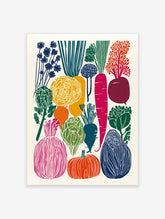 Colorful illustrated vegetable poster featuring various produce like carrots, beets, squash, and leafy greens in a block print style.