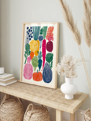 Colorful illustrated vegetable poster featuring various produce like carrots, beets, squash, and leafy greens in a block print style. - Image 4