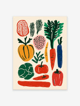 Colorful vegetable poster featuring stylized illustrations of a pumpkin, carrots, bell pepper, tomato, and leafy greens on a light background.