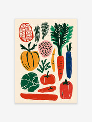 Colorful vegetable poster featuring stylized illustrations of a pumpkin, carrots, bell pepper, tomato, and leafy greens on a light background.