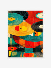 Abstract poster featuring a vibrant, colorful collage of overlapping vinyl records in teal, yellow, red, and black.