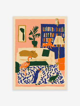 Colourful animal poster with hippo on sofa, octopus on bookcase, flamingo, penguin, and owl in a pink room
