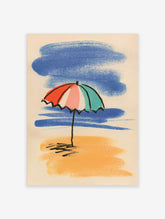 Colourful beach umbrella poster with red, pink, teal and white canopy on golden sand and blue sky