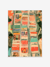 Colourful book market poster with stacked books and browsing figures in red, teal, and orange