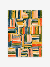 Colourful books wall art print with stacked and upright book spines in blue, orange, pink and green