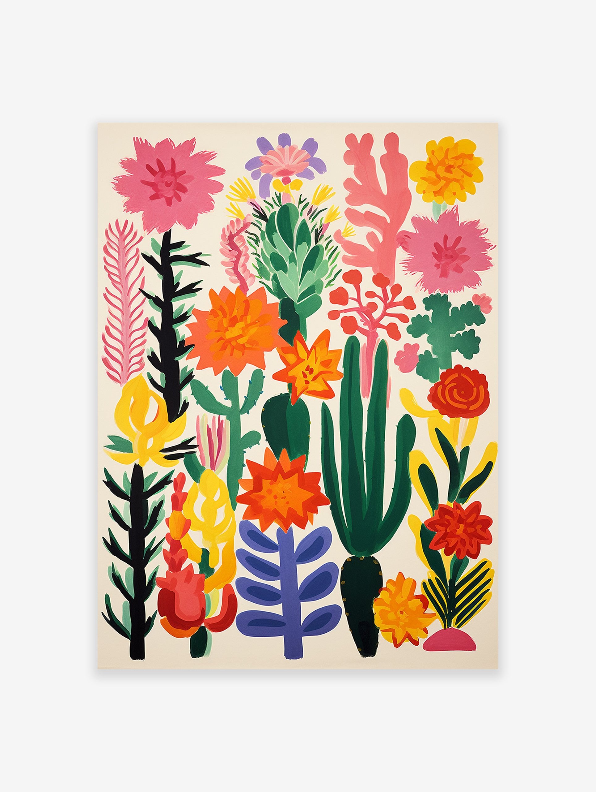 Vibrant botanical poster featuring an abstract arrangement of pink, orange, yellow, and green flowers and cacti on a light background.