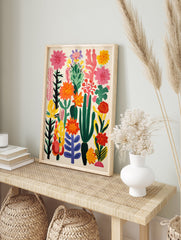 Vibrant botanical poster featuring an abstract arrangement of pink, orange, yellow, and green flowers and cacti on a light background. - Image 4