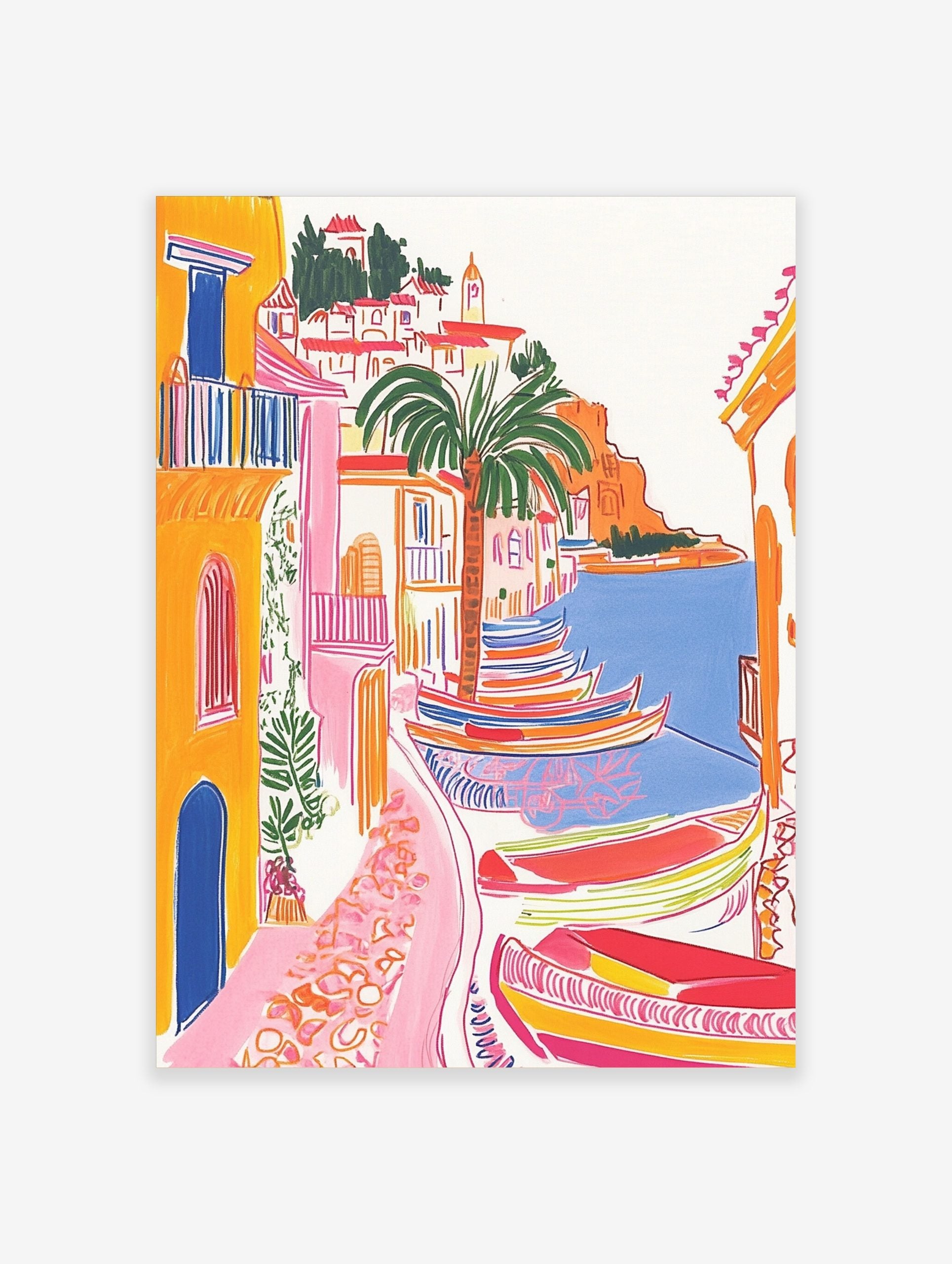 Colourful illustrative coastal village art print with yellow buildings, palm tree, and striped boats in a blue bay