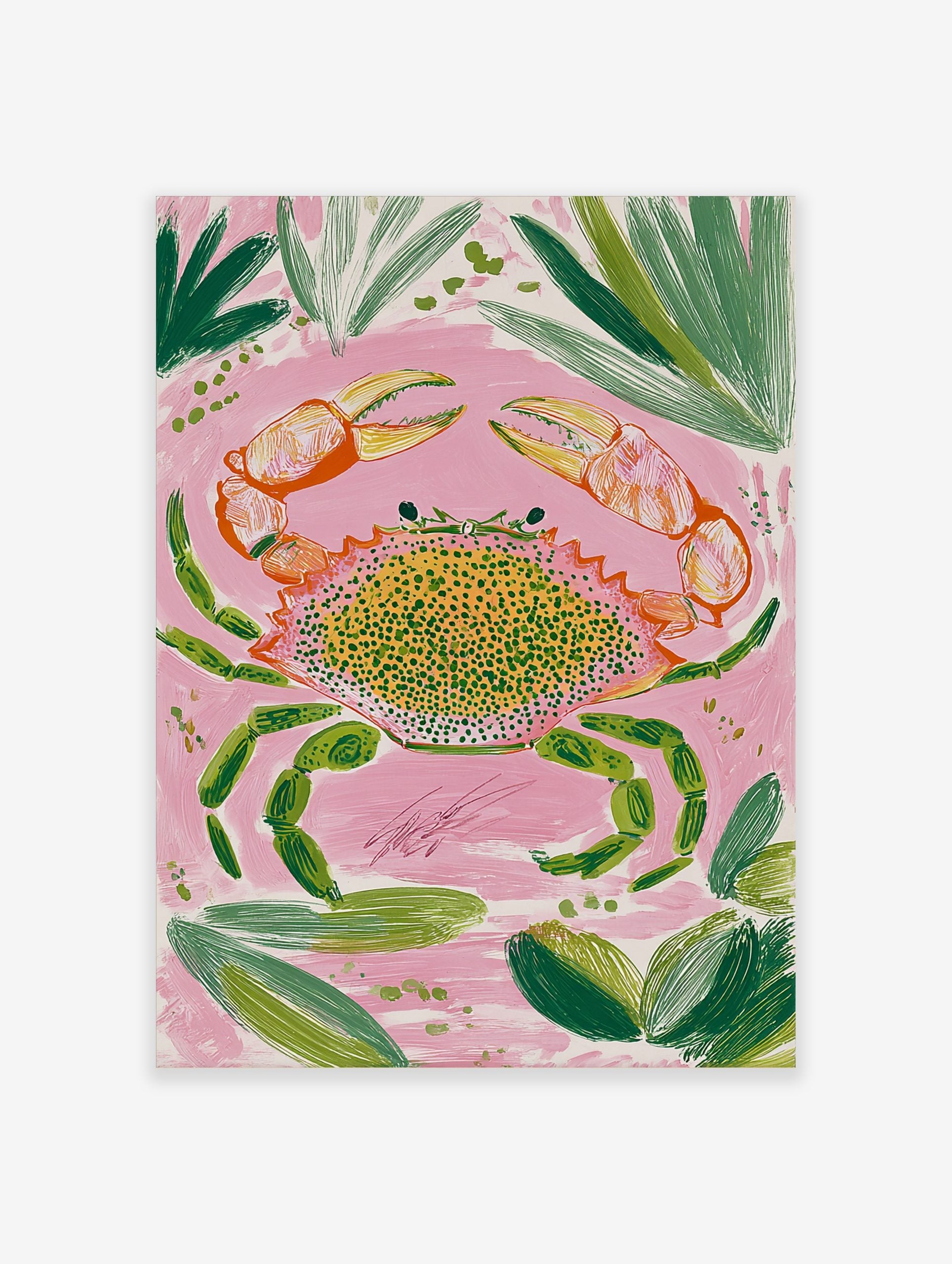 Colourful crab illustration wall art print with orange claws, green legs, and spotted shell on a pink background