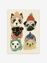 Colourful dog and cat portrait poster with five illustrated pets in hats and scarves on cream background