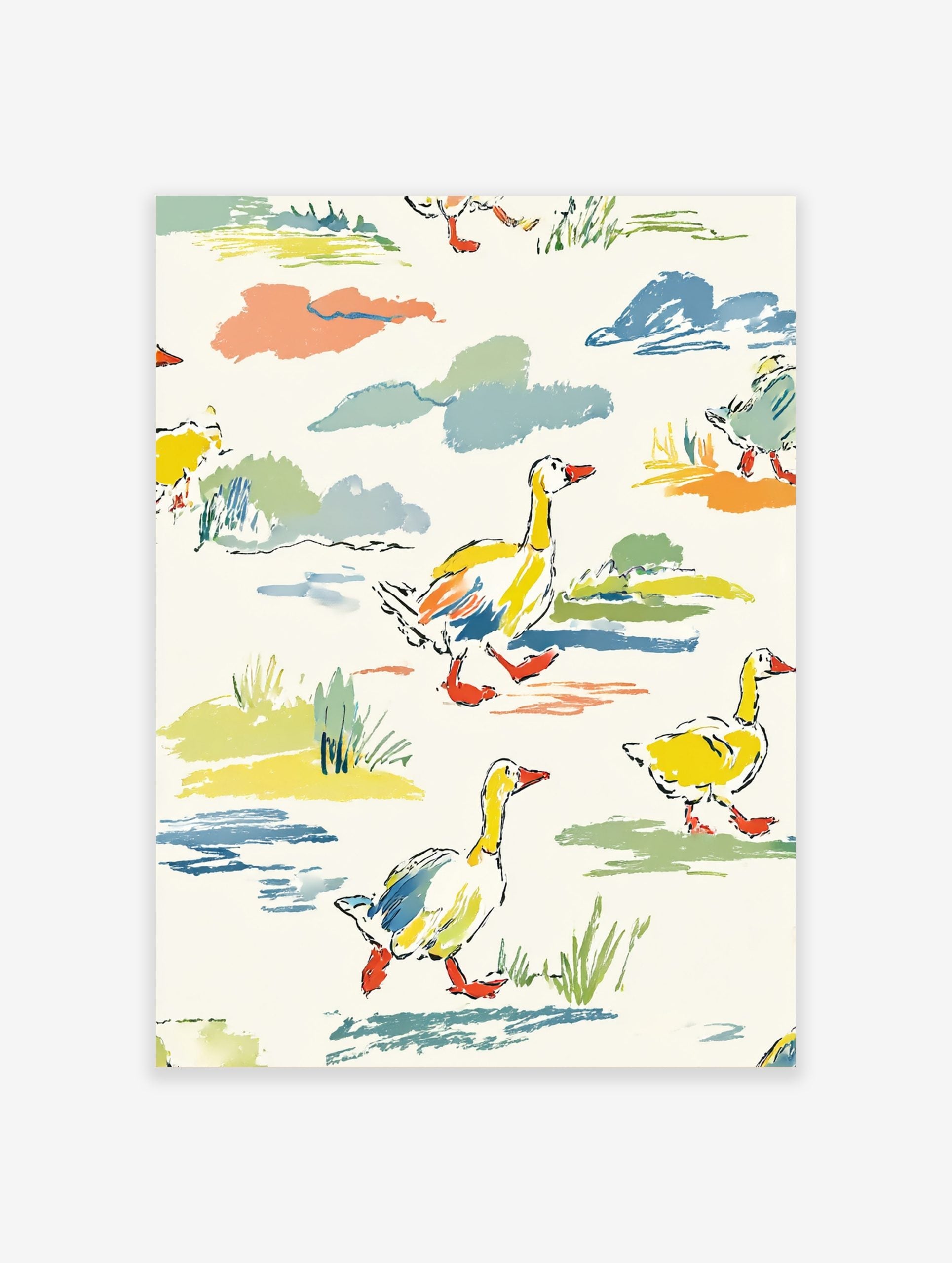 Colourful illustrative wall art print of yellow ducks with orange beaks walking through green grass and blue water