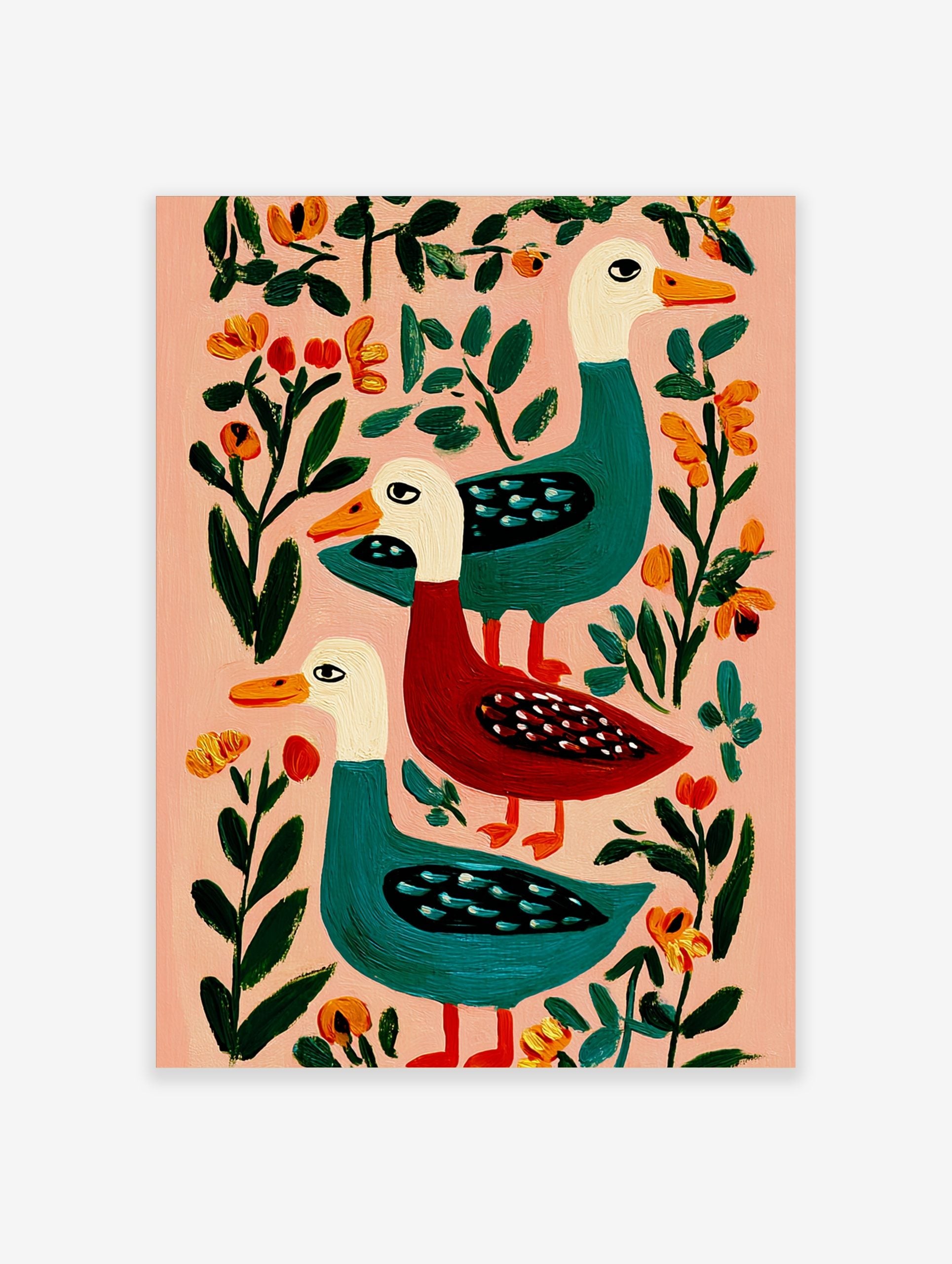 Illustrative folk art print of three colourful ducks, two teal and one red, with orange beaks, on a pink background with