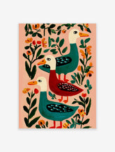 Illustrative folk art print of three colourful ducks, two teal and one red, with orange beaks, on a pink background with
