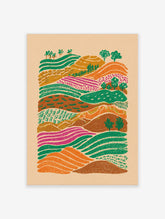 Colourful illustrative landscape art print with rolling hills, patterned green, orange, and magenta farm fields, and trees