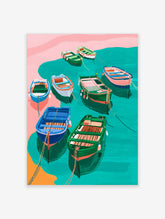 Illustrative art print of colourful fishing boats in teal water with pink shore and orange sand