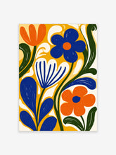 Colourful floral wall art print with blue, orange and white flowers on yellow background