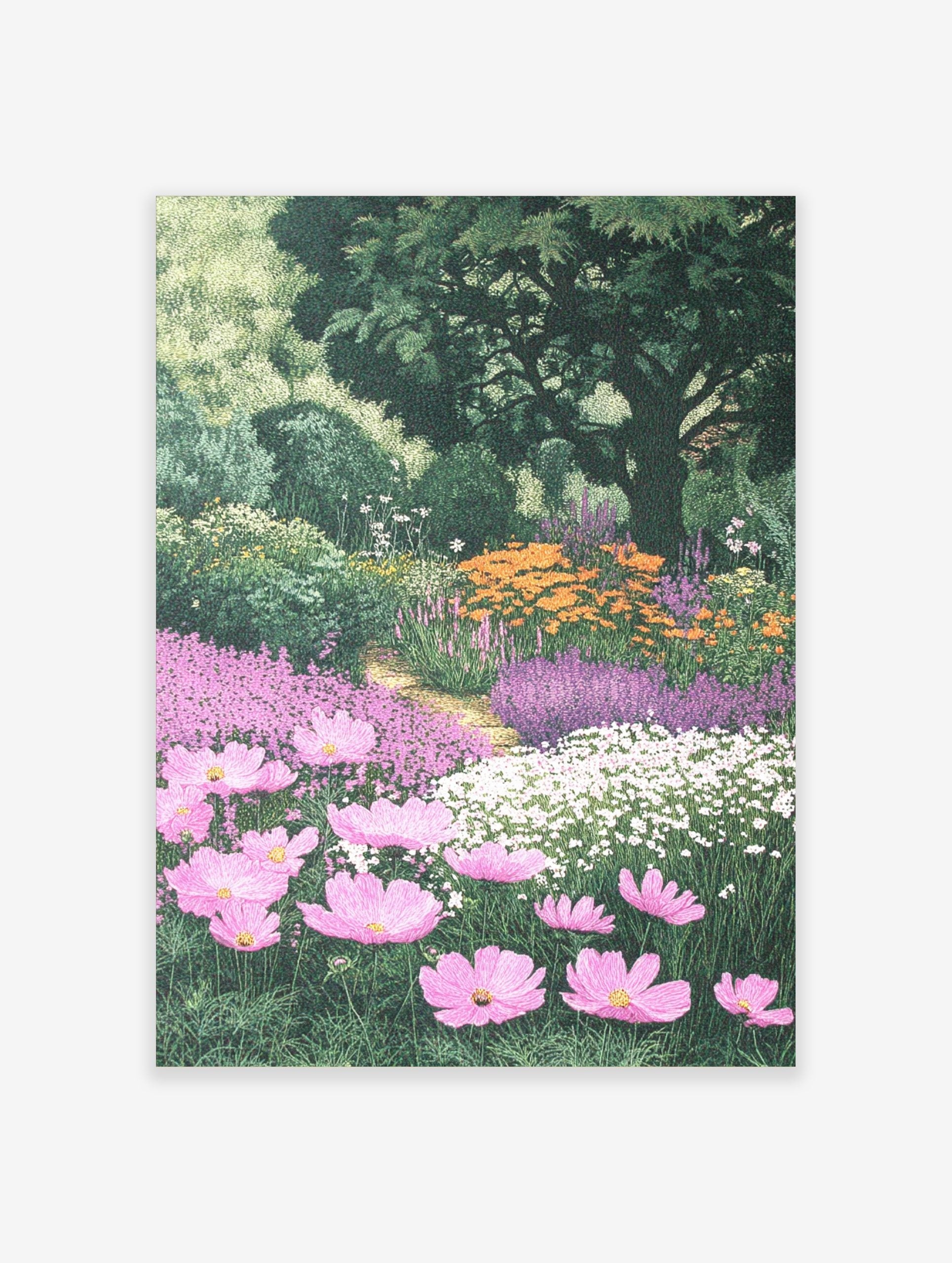 Lush garden print with pink cosmos, purple and orange flowers, green trees, and winding path