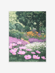 Lush garden print with pink cosmos, purple and orange flowers, green trees, and winding path