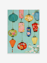 Illustrated poster of colourful hanging paper lanterns with floral motifs on a teal background