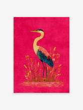 Illustrative heron bird with yellow, red, and blue feathers standing in reeds on a fuchsia background