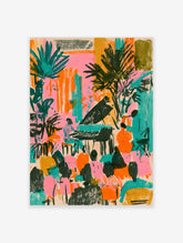 Colourful jazz band poster with pianist, double bassist, and audience silhouettes in pink and teal