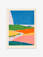 Colourful landscape poster with windmill on green hill, winding river, and orange, pink, and yellow fields