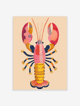 Colourful illustrative lobster wall art print with pink, orange, yellow, and navy blue dot patterns
