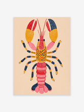 Colourful illustrative lobster wall art print with red, orange, pink, and navy blue segmented body and white dots