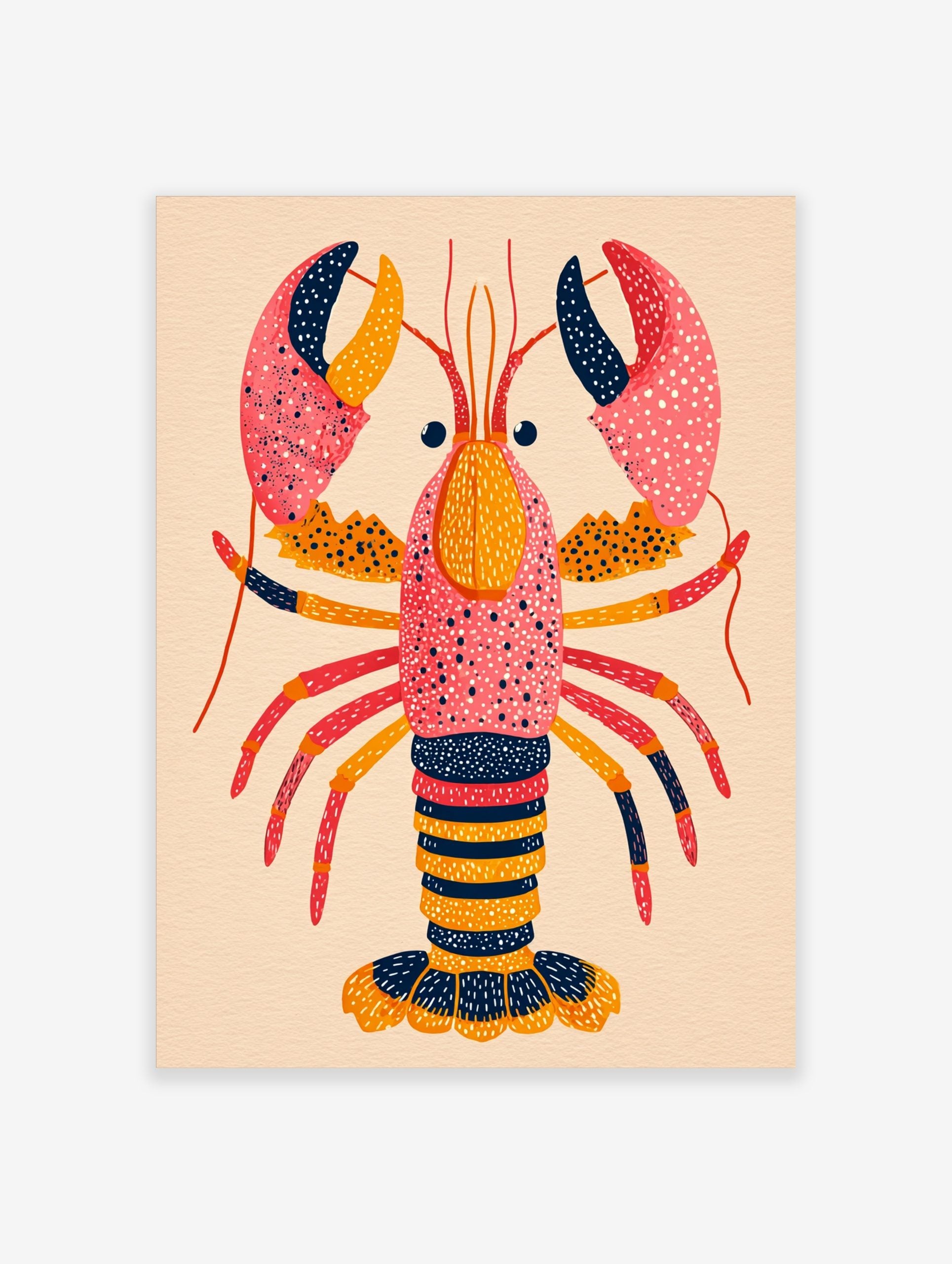 Colourful illustrative art print of a lobster with speckled pink, orange, red, and navy details on a light background