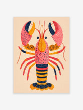 Colourful illustrative art print of a lobster with speckled pink, orange, red, and navy details on a light background