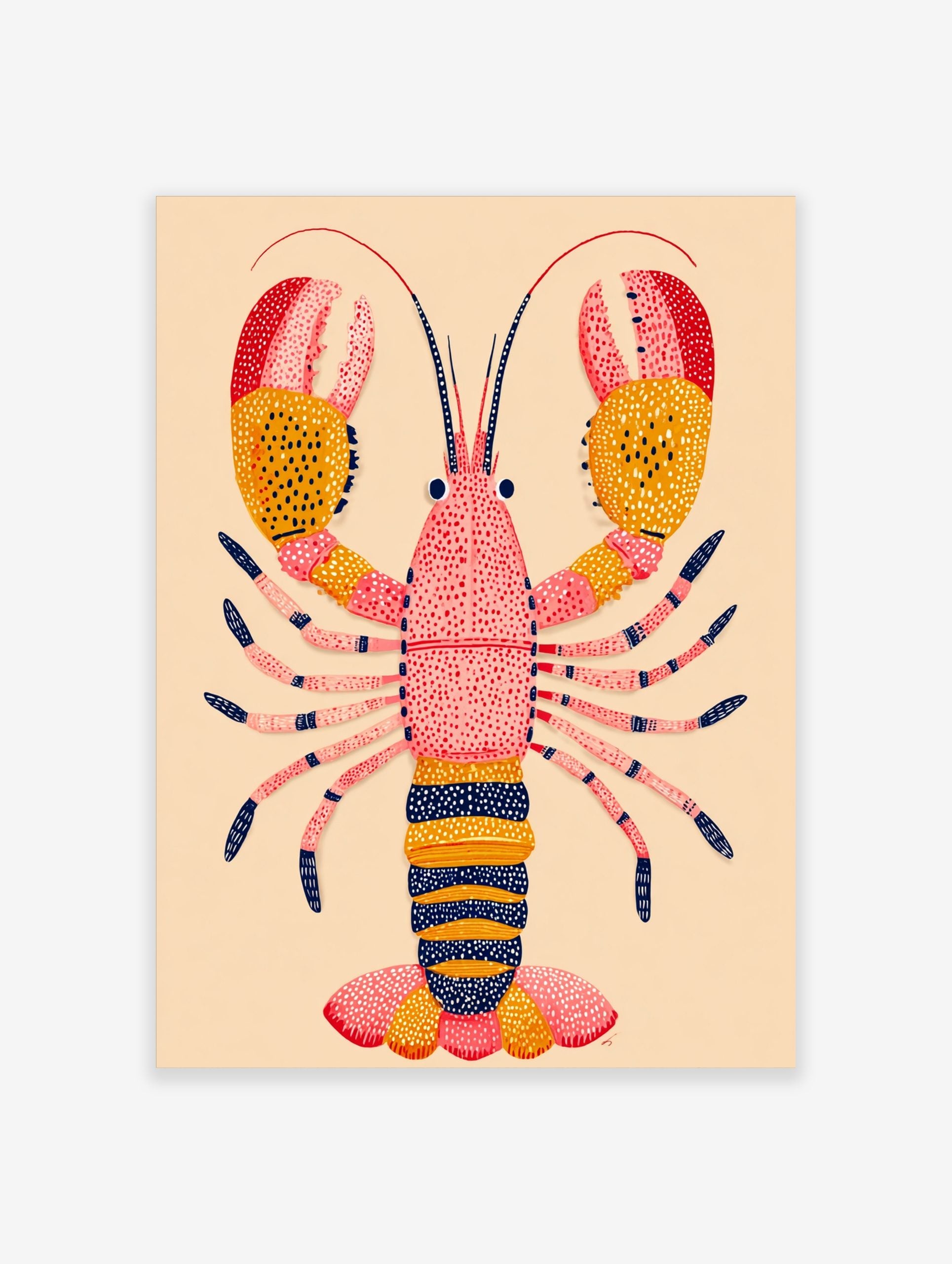 Illustrative lobster art print with pink body, yellow and red dotted claws, and navy accents on a beige background