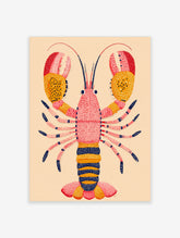 Illustrative lobster art print with pink body, yellow and red dotted claws, and navy accents on a beige background
