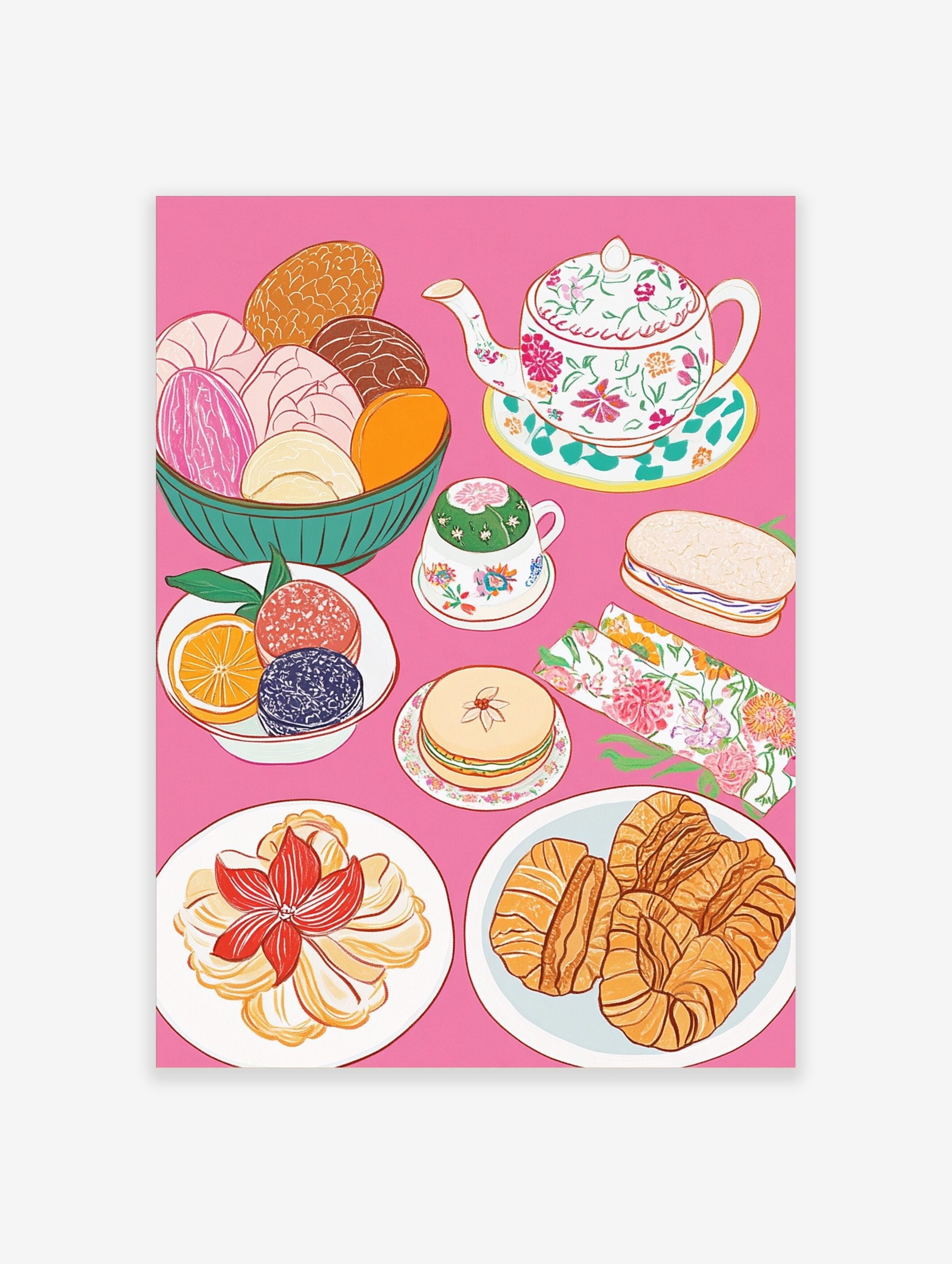 Colourful illustrative print of Mexican conchas, floral teapot, teacup, croissants, and pastries on pink background