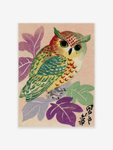 Illustrative owl with red, yellow, green plumage, black eyes, perched on branch with purple, green leaves, Japanese