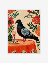 Painterly pigeon with blue wings on an orange table with wine glass and flowers