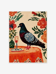 Painterly pigeon with blue wings on an orange table with wine glass and flowers