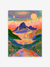 Psychedelic mountain landscape poster with swirling sky, orange moon, and floral valley in pink and purple