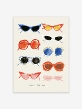 Colourful retro sunglasses poster with nine hand-painted frames and CHOOSE YOUR MOOD text
