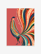 Colourful rooster art print with abstract sweeping feathers in red, blue, and cream on pink background