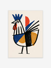 Colourful rooster art print with blue comb, red wattle, and geometric tail feathers on cream background