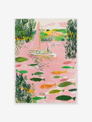 Illustrative sailboat with pink sail and many fish in a pink river with green foliage
