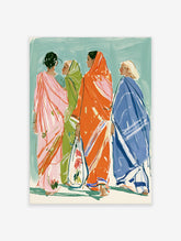 Four women in pink, green, orange and blue saris standing in profile against a teal background
