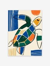 Stylised sea turtle art print with geometric blue, green, and orange shell pattern and orange sun
