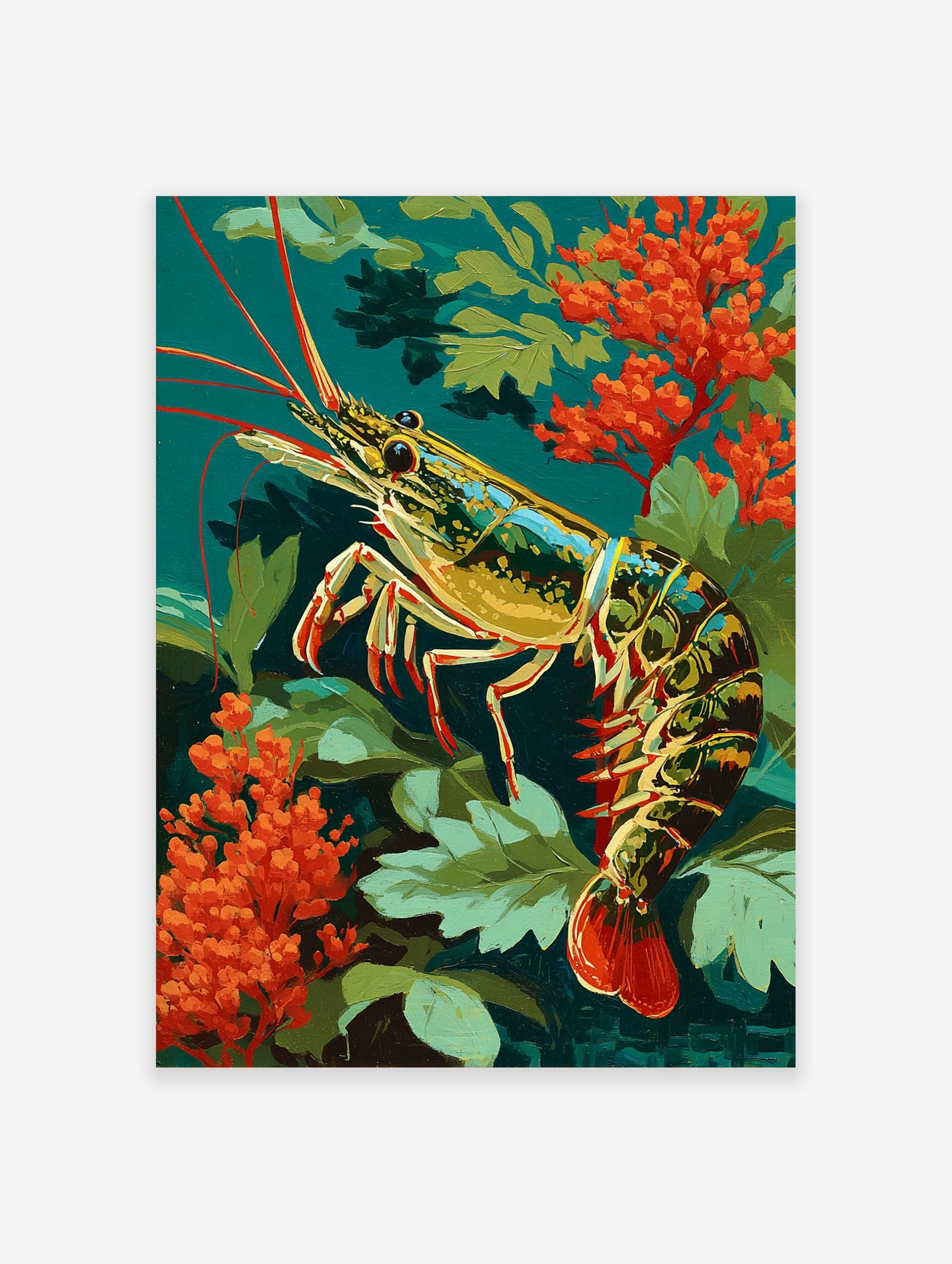 Colourful illustrative shrimp with red antennae and tail, amidst green leaves and orange coral, on a teal background