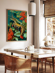 Colourful illustrative shrimp with red antennae and tail, amidst green leaves and orange coral, on, in a styled room mockup