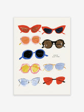 Colourful sunglasses poster with nine painted eyewear designs and Choose Your Mood text on cream background